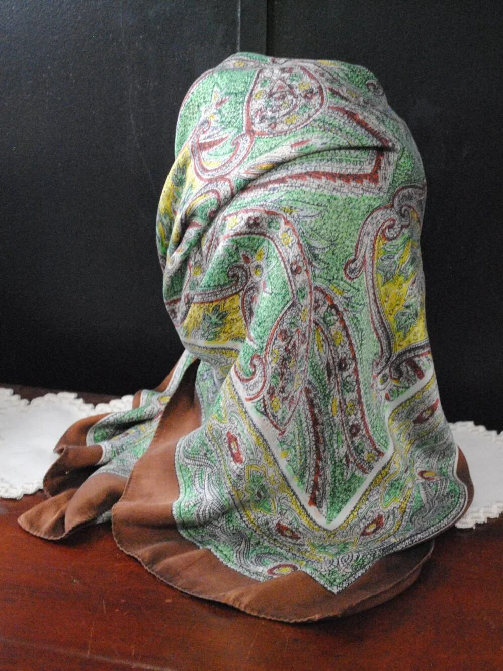 Large Vintage Brown, Yellow, & Green Floral Paisley Scarf